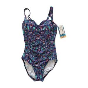 Swim Solutions‎ Tummy Control Shirred Blue One Piece Swimsuit Size 8 Padded NWT